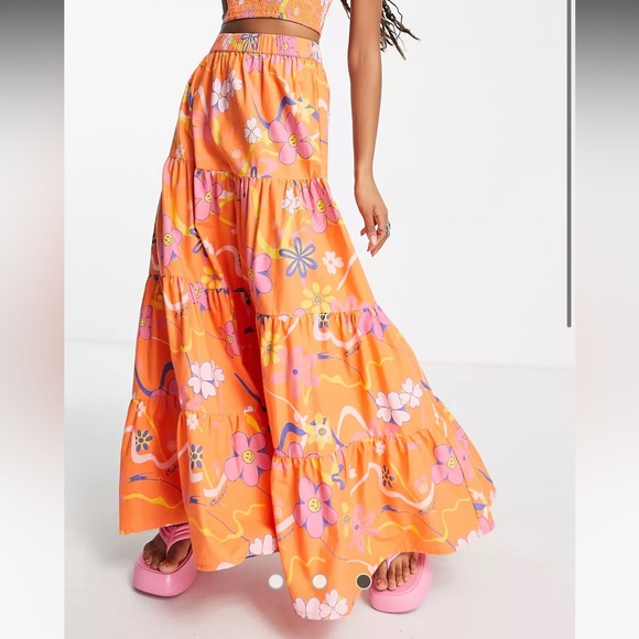 Nwt COLLUSION floral shirred crop top & maxi skirt in orange - Picture 3 of 3